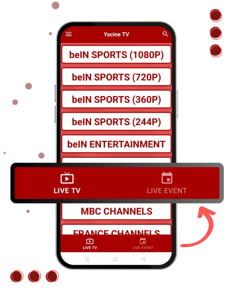 واجهة الشاشة الرئيسية لتطبيق Yacine TV مع البث المباشر والأحداث